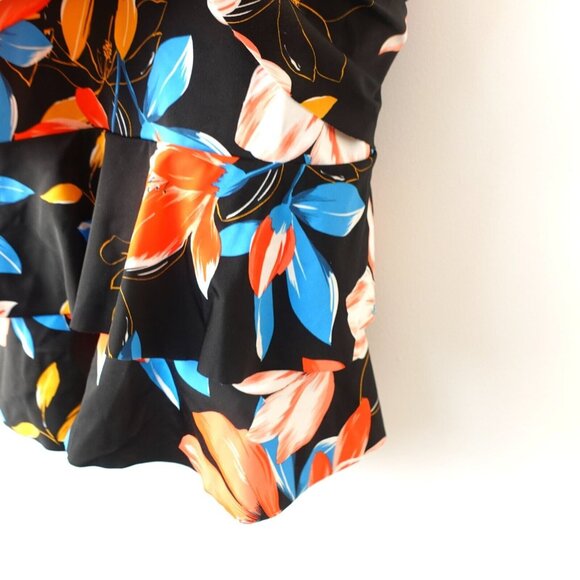 Black Floral Tankini Swim Top Large Layered V Neck Bold Hawaiian Boho Beach - Picture 4 of 8